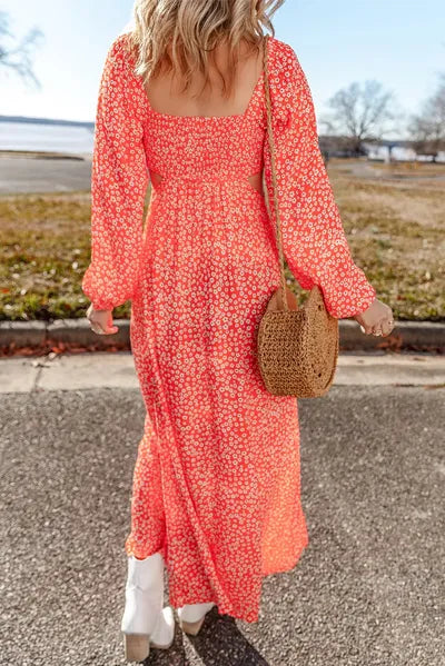 Printed V-Neck Long Sleeve Midi Dress Dresses