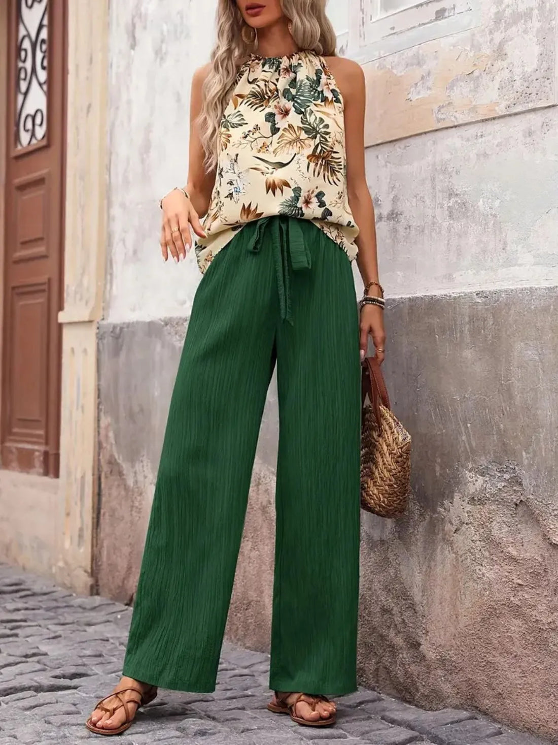 Printed Tank Top and Wide Leg Pants Set Two Piece Dresses