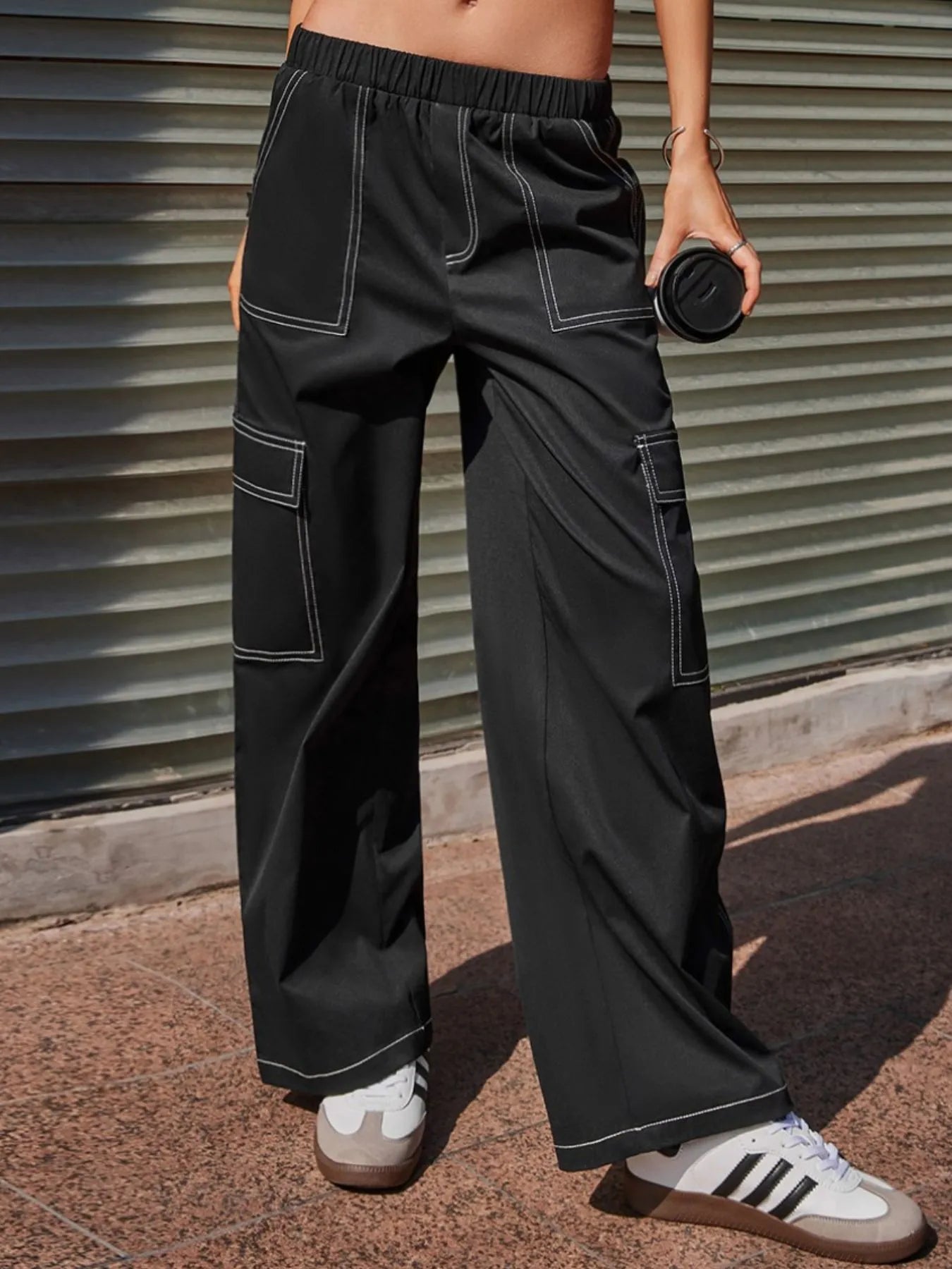 Wide Leg Pants with Contrast Stitching 