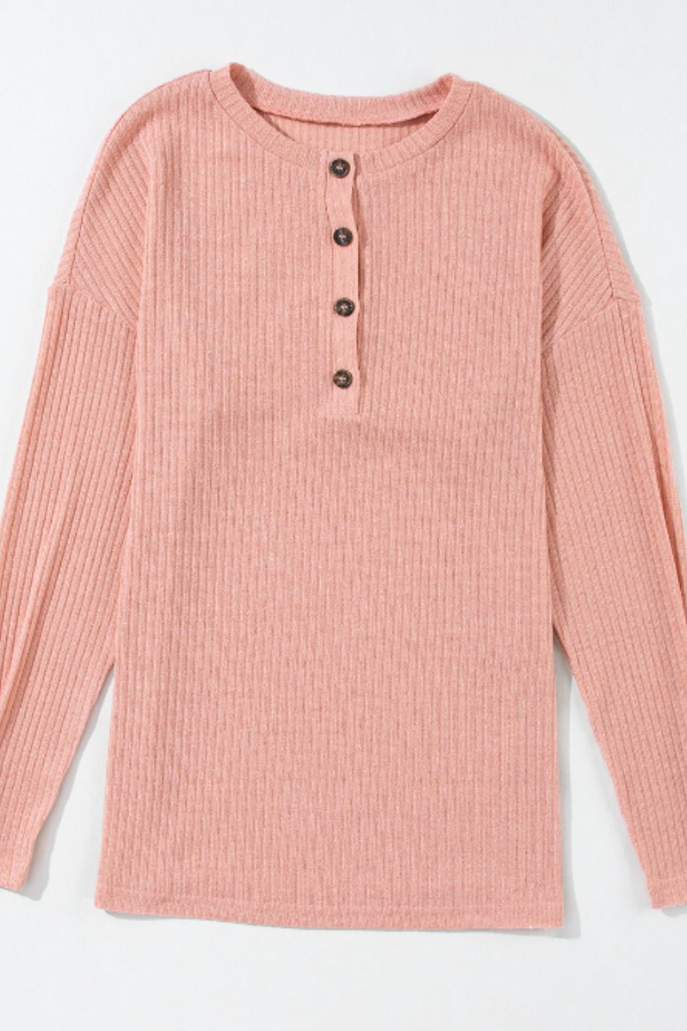 Quarter Button Round Neck Dropped Shoulder Knit Top 