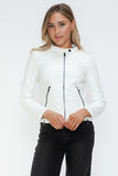 Snobbish Faux Leather Zip Up Drawstring Hooded Jacket 