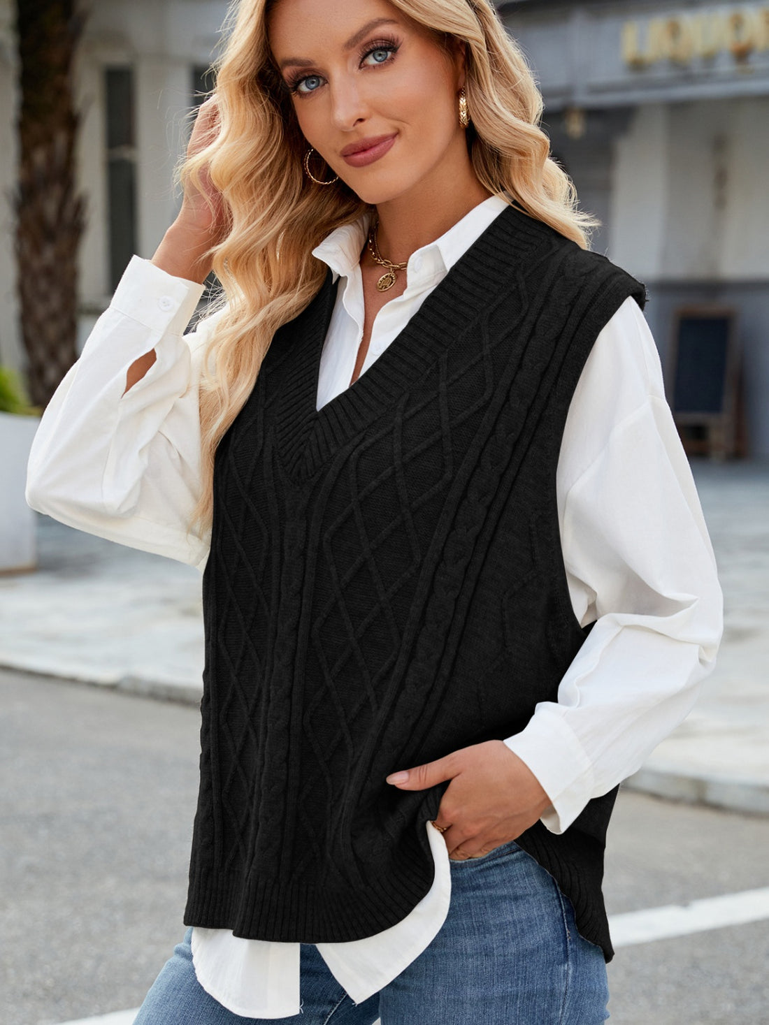 Cable Knit V-Neck Sweater Vest 