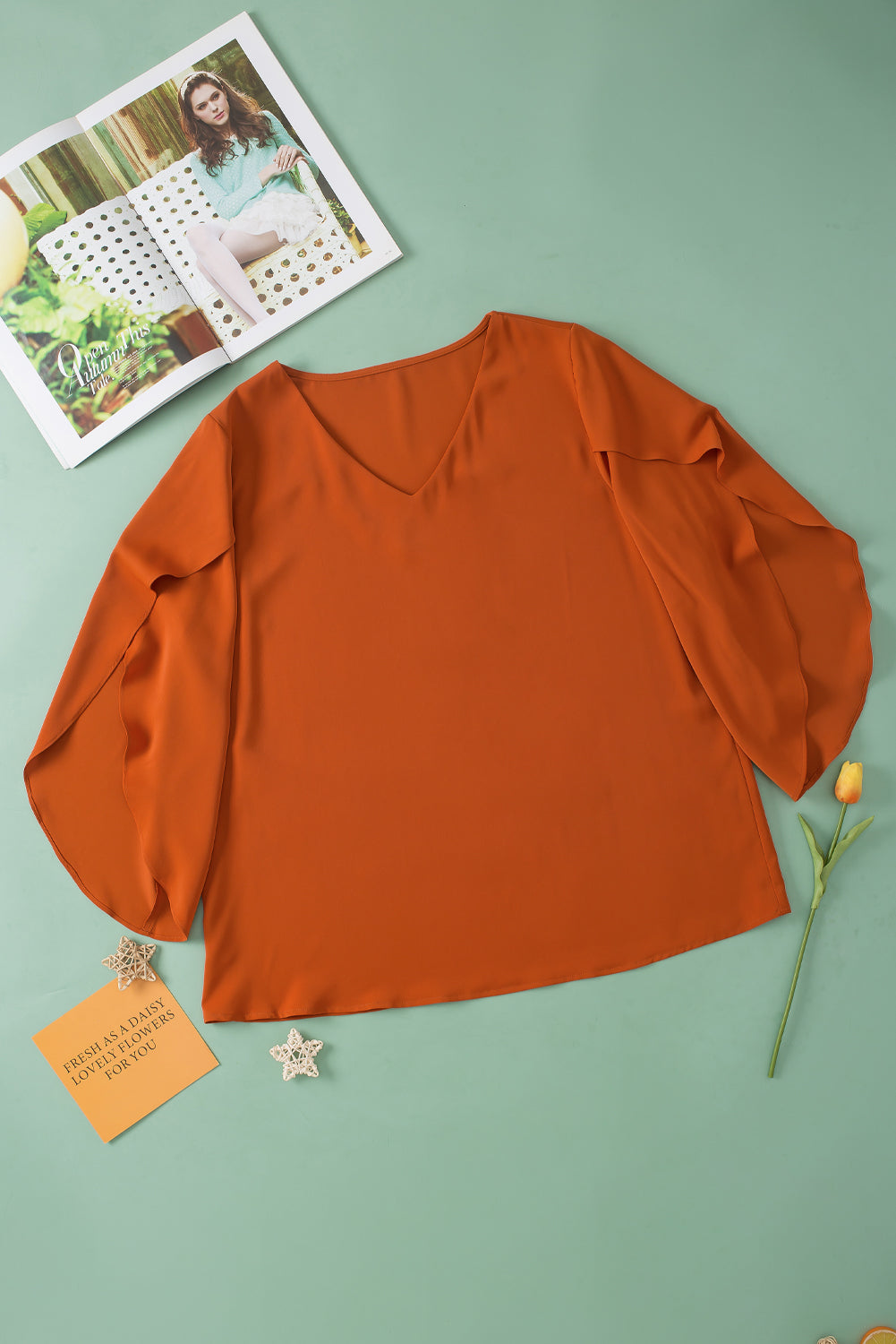 Plus Size V-Neck Petal Sleeve Blouse 