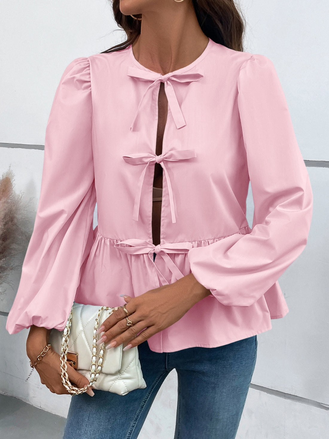 Ivy Lane Peplum Tied Long Sleeve Blouse 