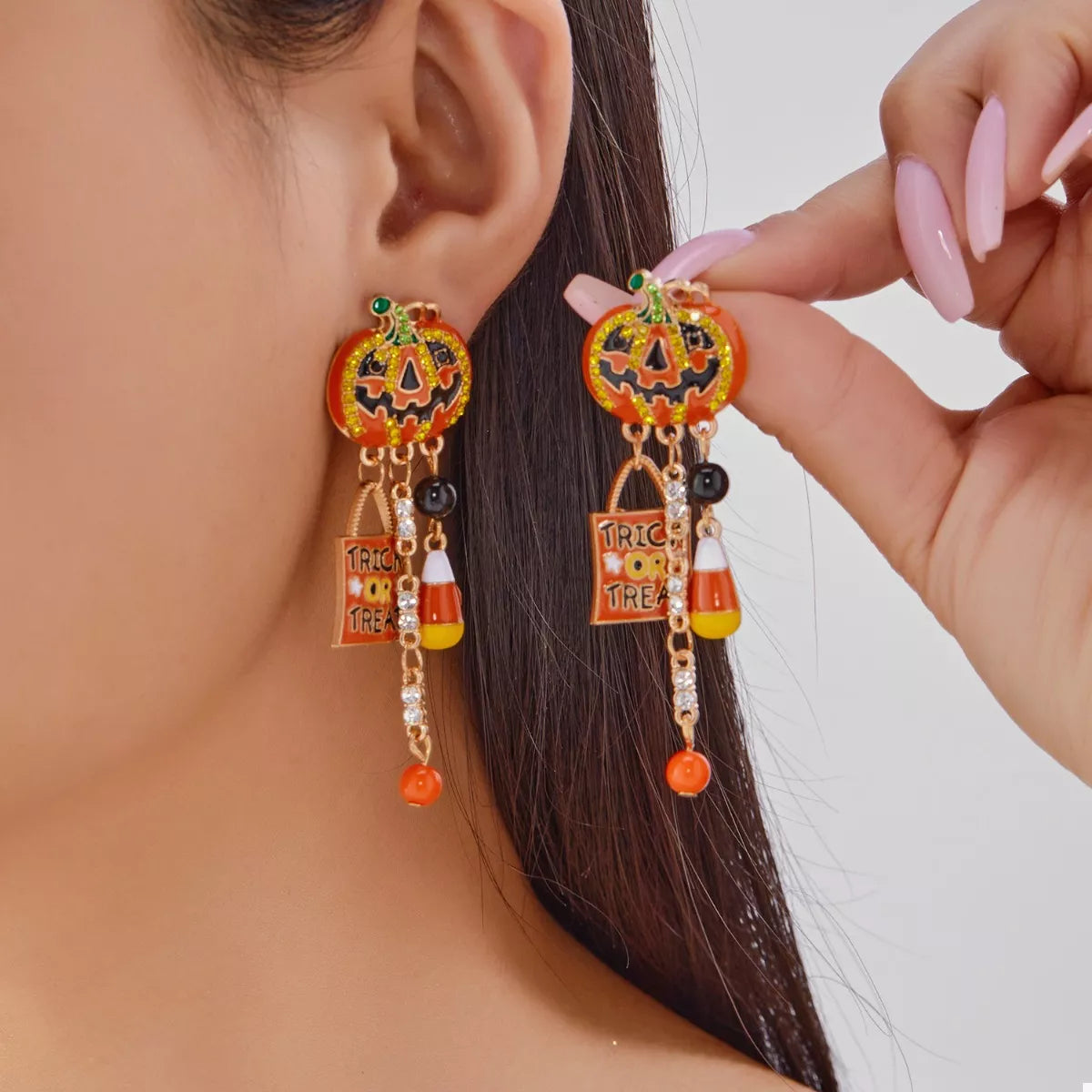 Halloween Rhinestone Pumpkin Drop Earrings 