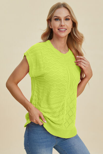 Double Take Full Size Cable-Knit Round Neck Cap Sleeve Sweater 