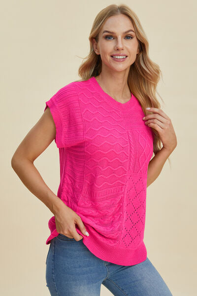 Double Take Full Size Cable-Knit Round Neck Cap Sleeve Sweater 