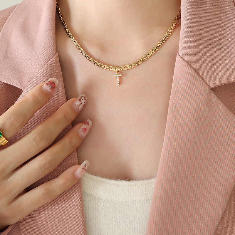 Brass Inlaid Zircon Letter Pendant Necklace 