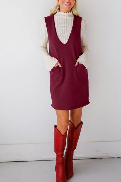Lovelet Pocketed V-Neck Mini Sweater Overall Dress Dresses
