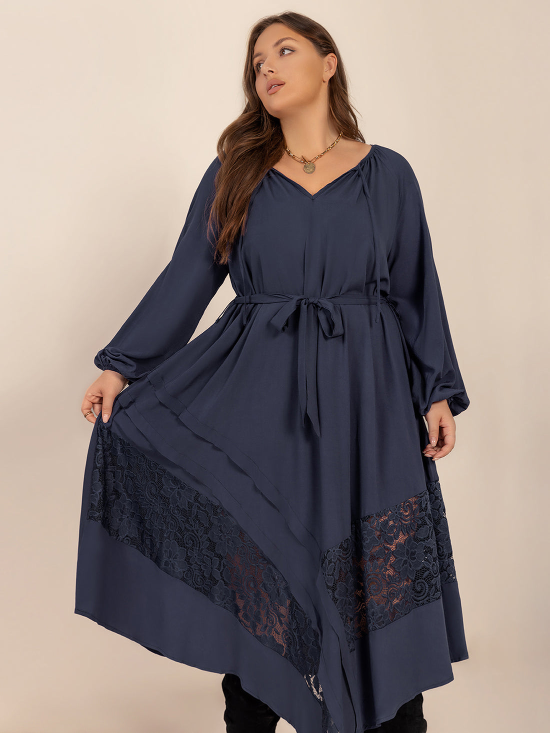 Plus Size Lace Detail Tie Neck Long Sleeve Midi Dress 