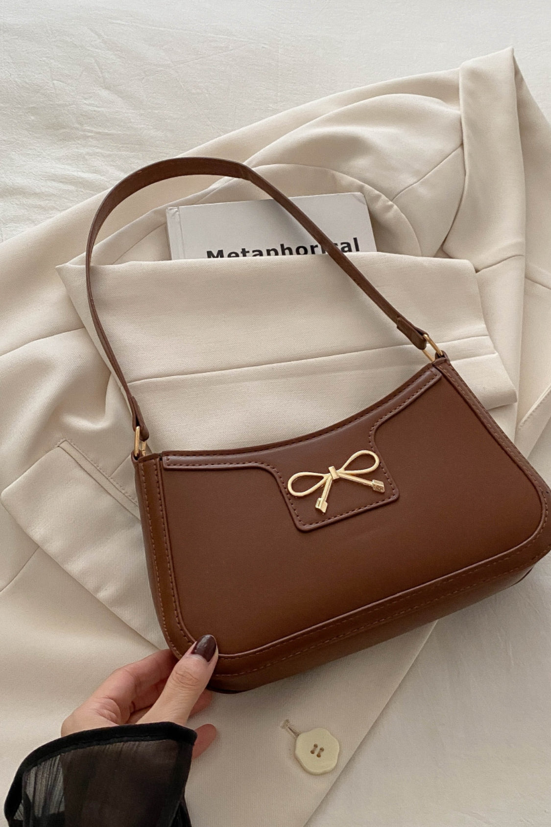 Bow Trim PU Leather Shoulder Bag 