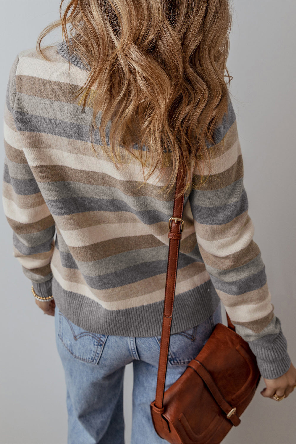Gray Stripe Color Block Ribbed Edge Round Neck Sweater Sweaters & Cardigans/Sweaters