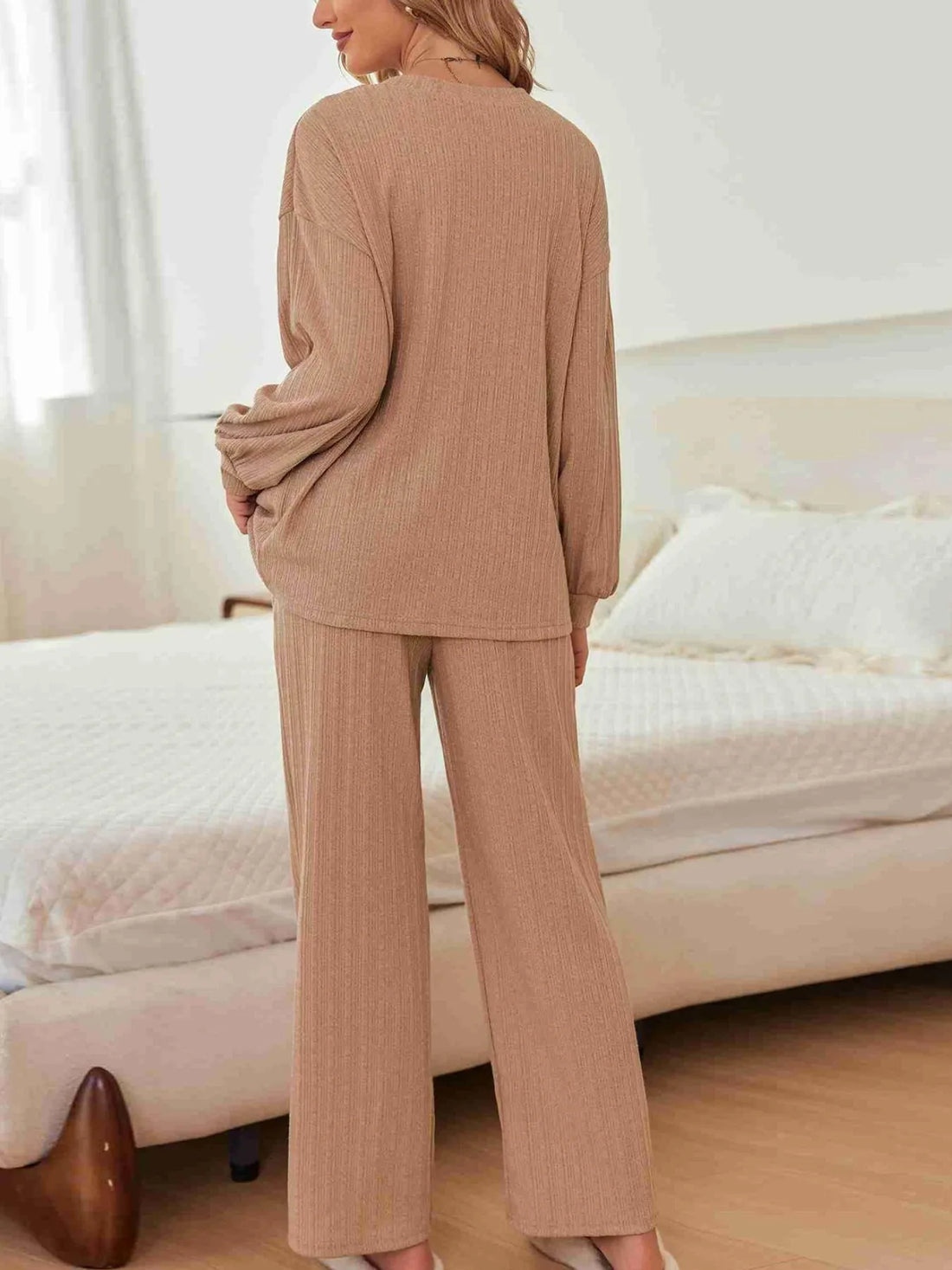 Ribbed Knit Top and Pants Lounge Set with Button Detail Lingerie & Nightwear