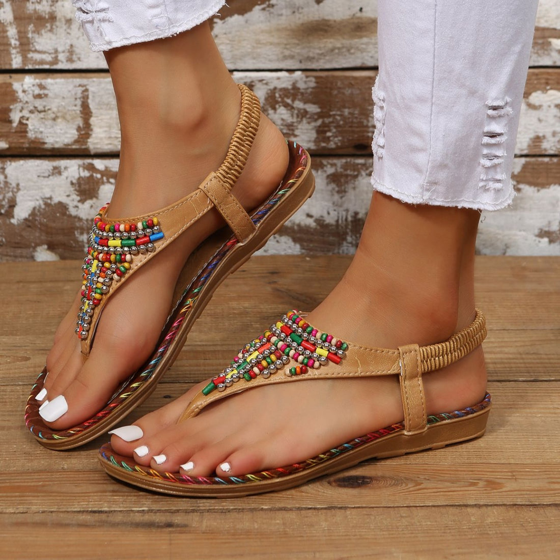 Beaded PU Leather Open Toe Sandals 