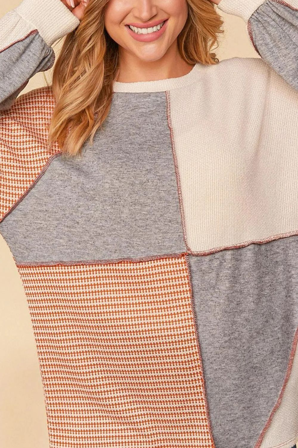 Exposed Seam Color Block Round Neck Top 