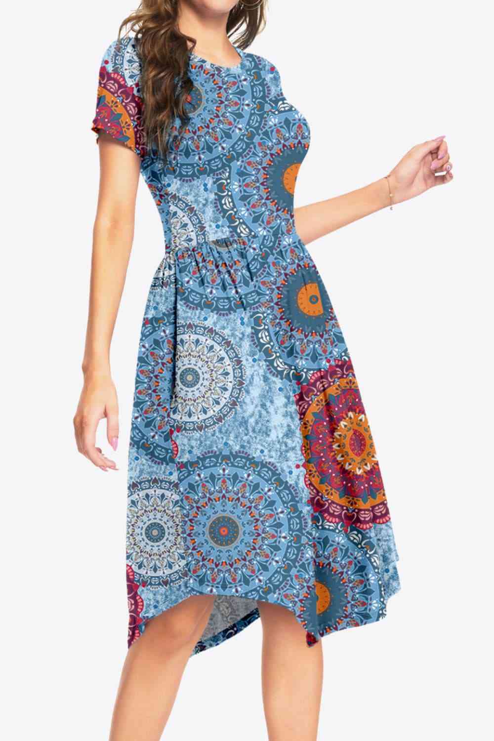 Printed Round Neck Short Sleeve Dress with Pockets Dresses