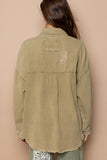 POL Button Down Raw Hem Distressed Shacket 