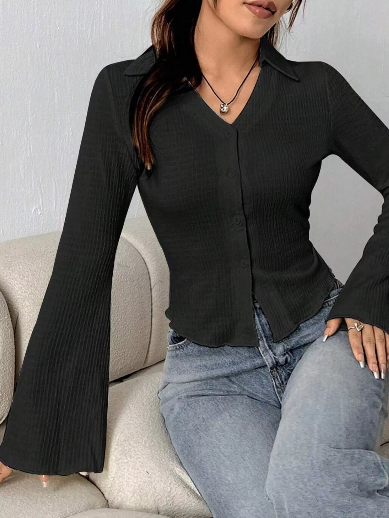 Button Up Flare Sleeve Shirt 