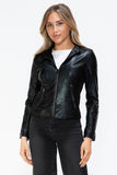 Snobbish Faux Leather Zip Up Drawstring Hooded Jacket 