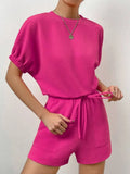 Waffle-Knit Round Neck T-Shirt and Pocketed Shorts Lounge Set Lingerie & Nightwear