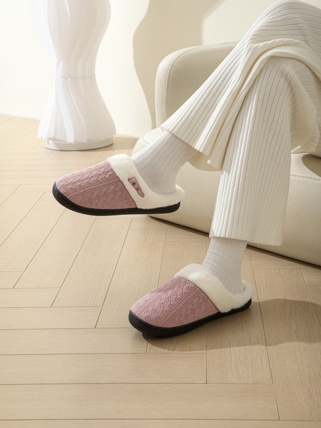 Horn Buckle Furry Texture Flat Slippers 
