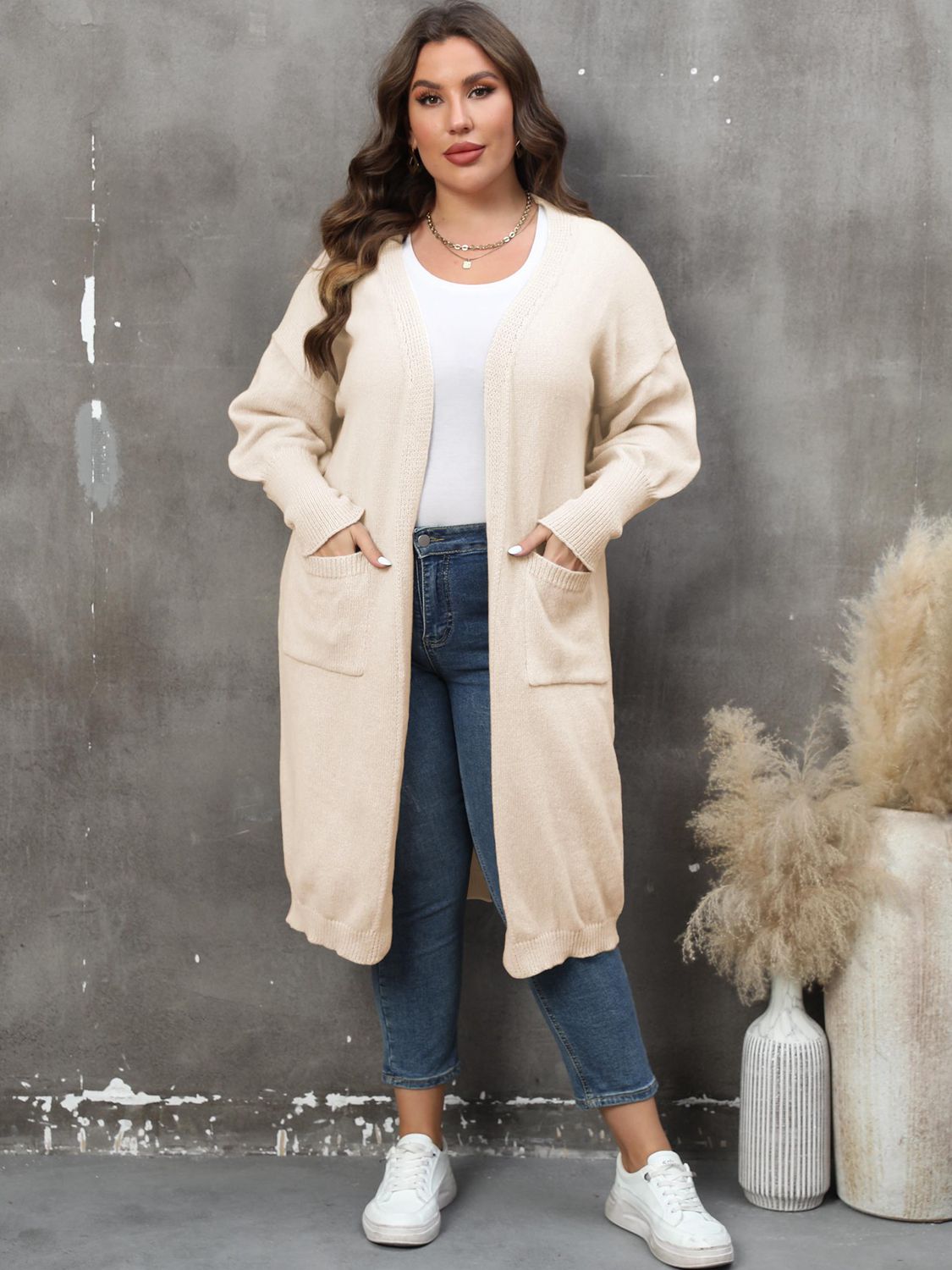 Plus Size Long Sleeve Pocketed Cardigan 