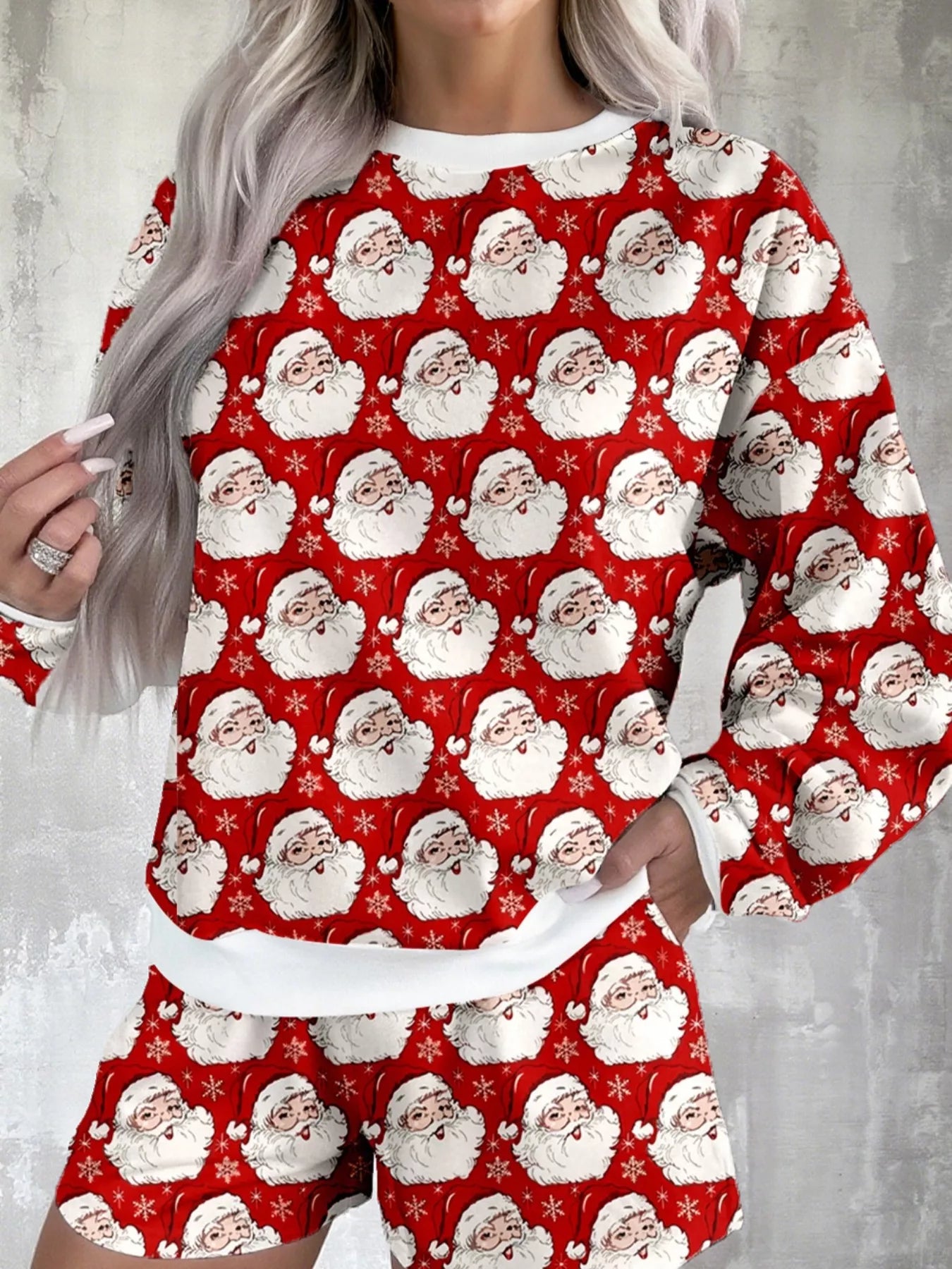 Christmas Santa Print Round Neck Top and Shorts Lounge Set Lingerie & Nightwear