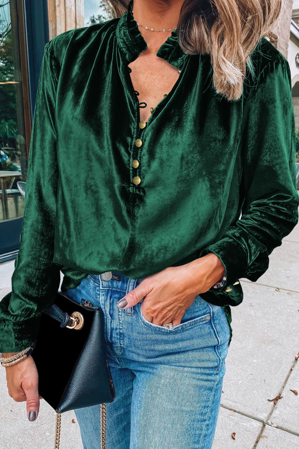 Frill Half Button Mock Neck Long Sleeve Blouse 