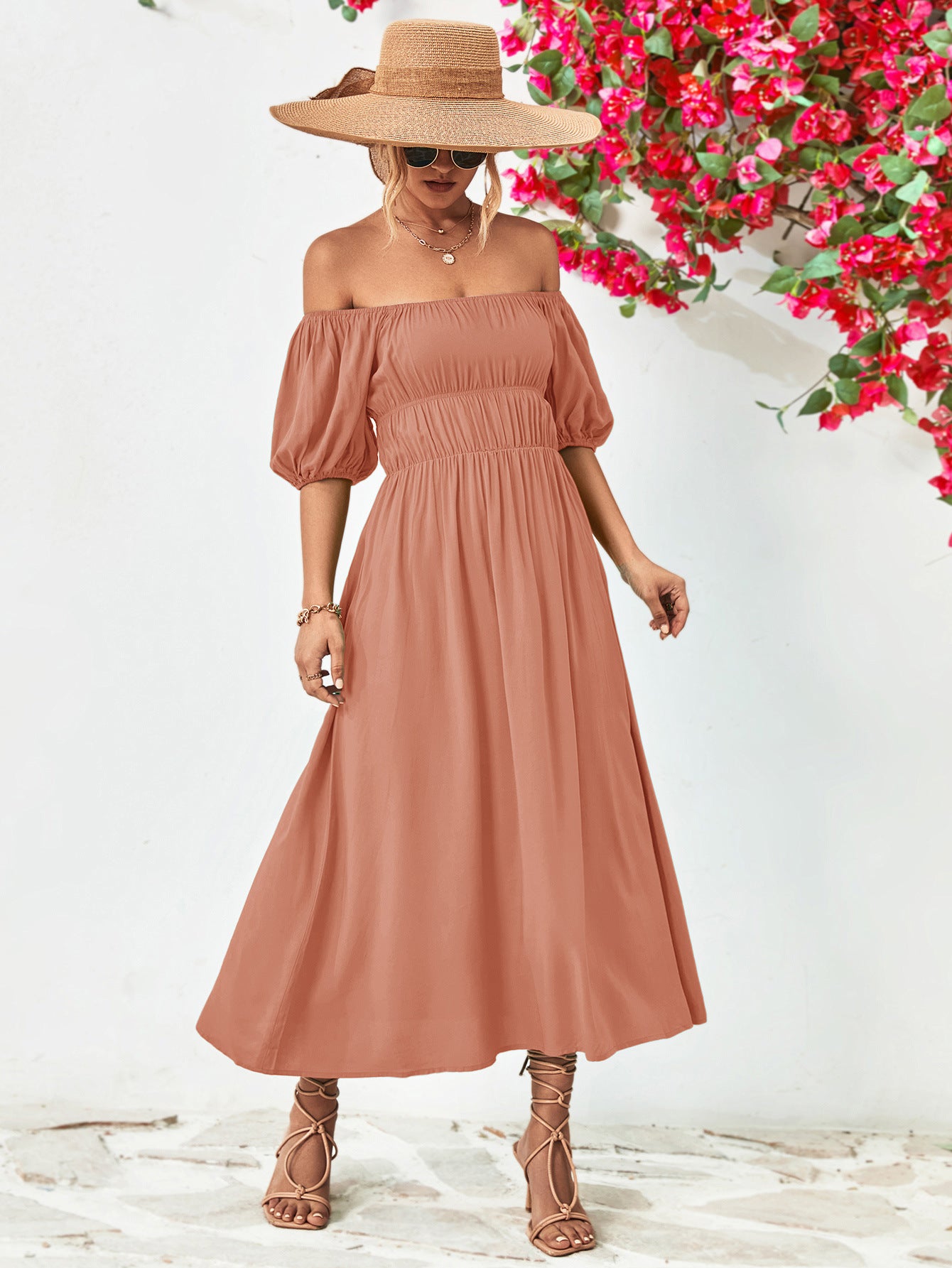 Off-Shoulder Balloon Sleeve Midi Dress 