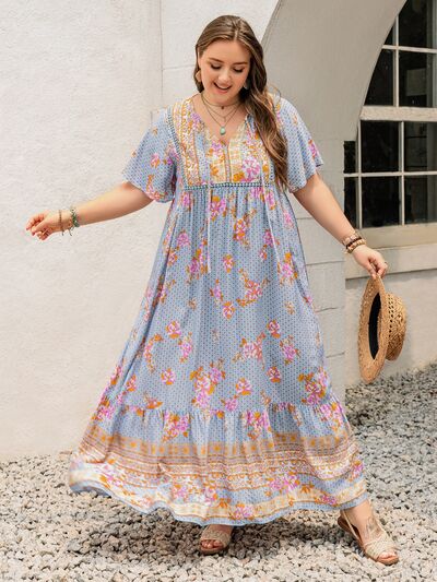 Plus Size Printed Tie Neck Flutter Sleeve Maxi Dress Dresses