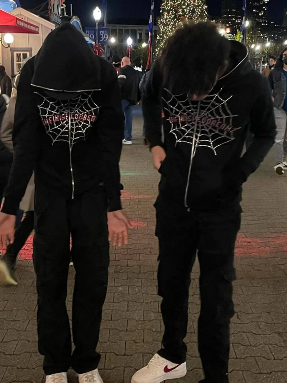 Men's Spider Web Rhinestones Zip-Up Hoodie 