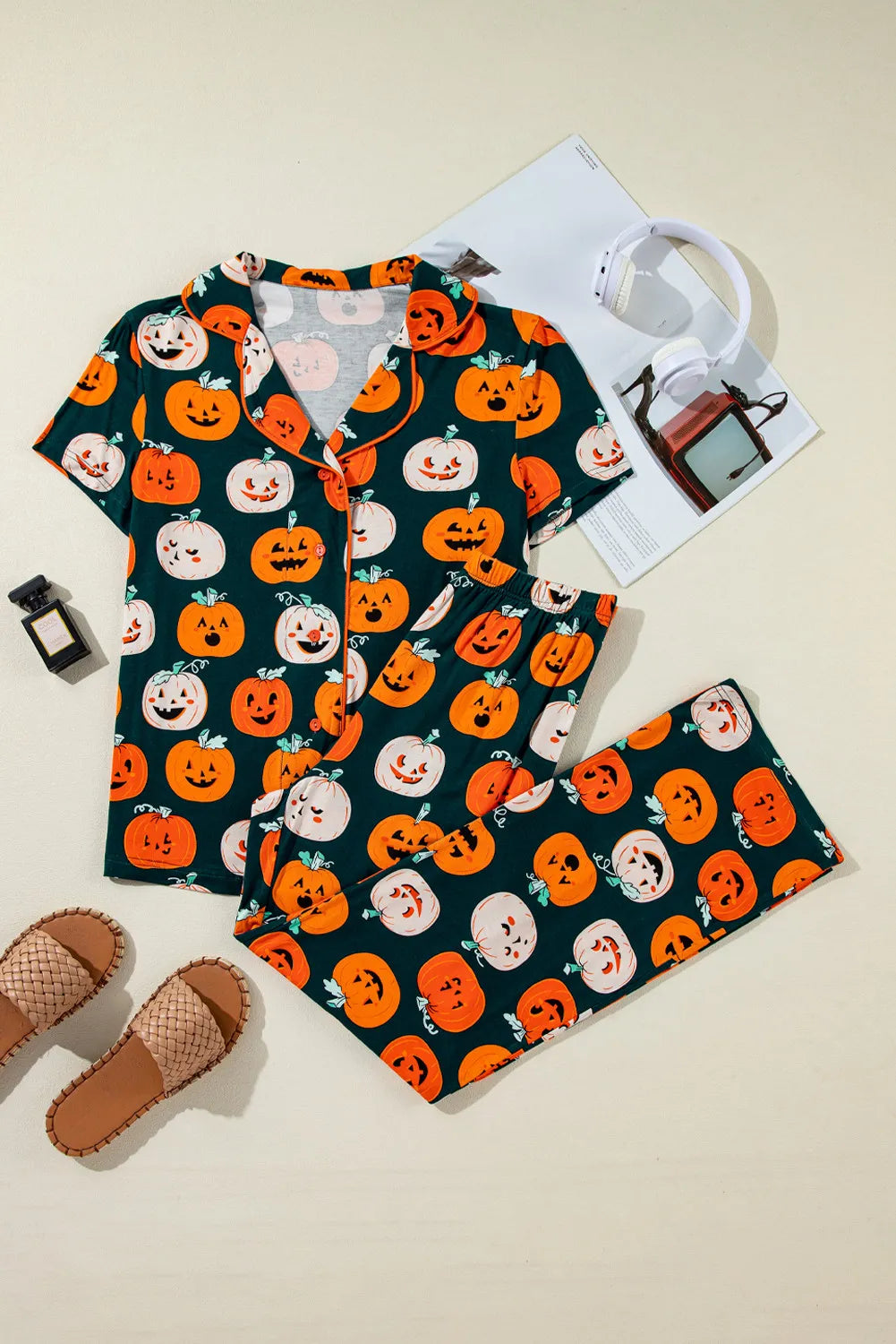 Pumpkin Printed Short Sleeve Top and Pants Lounge Set Lingerie & Nightwear