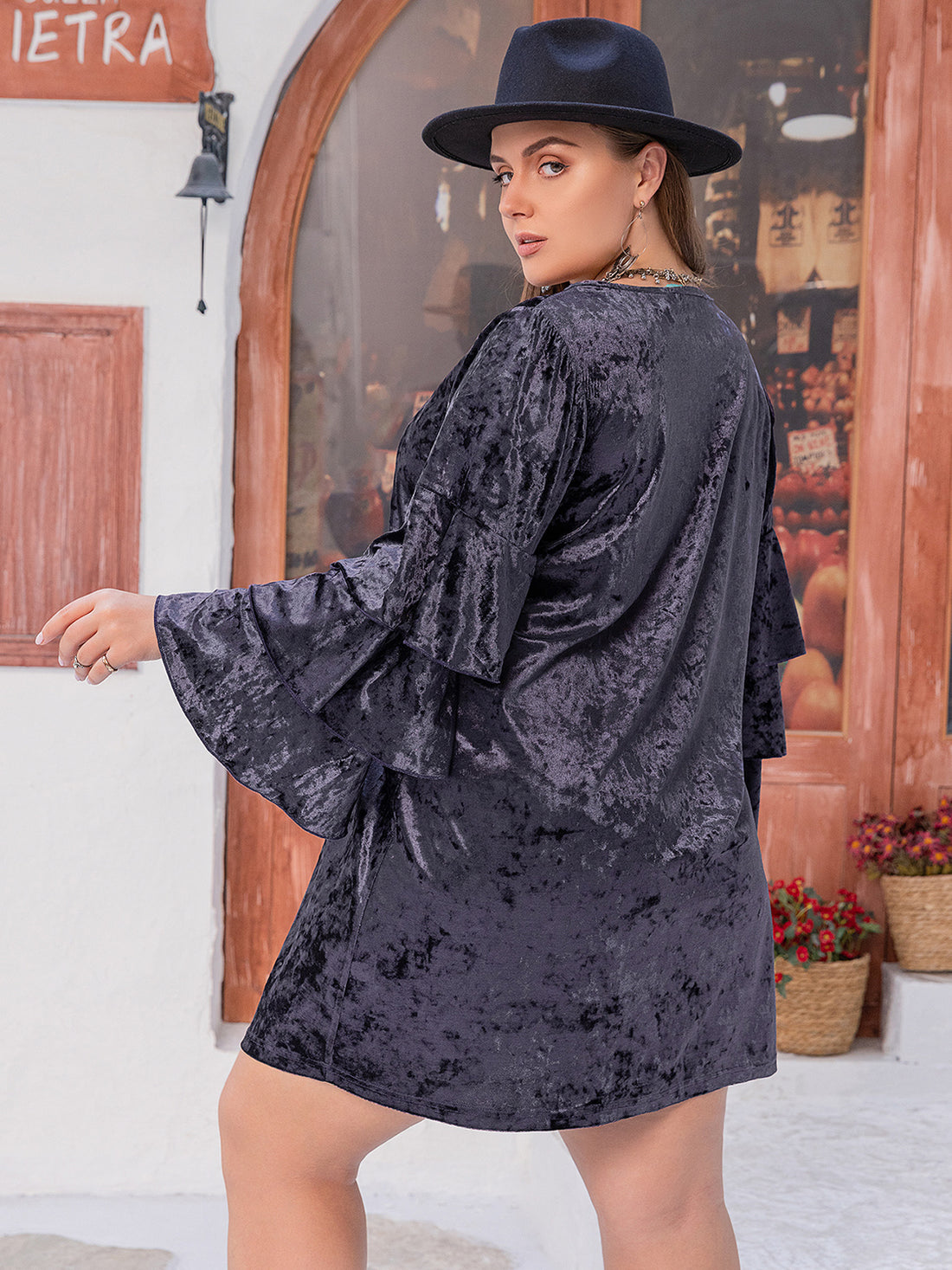 Plus Size Round Neck Flounce Sleeve Mini Dress 
