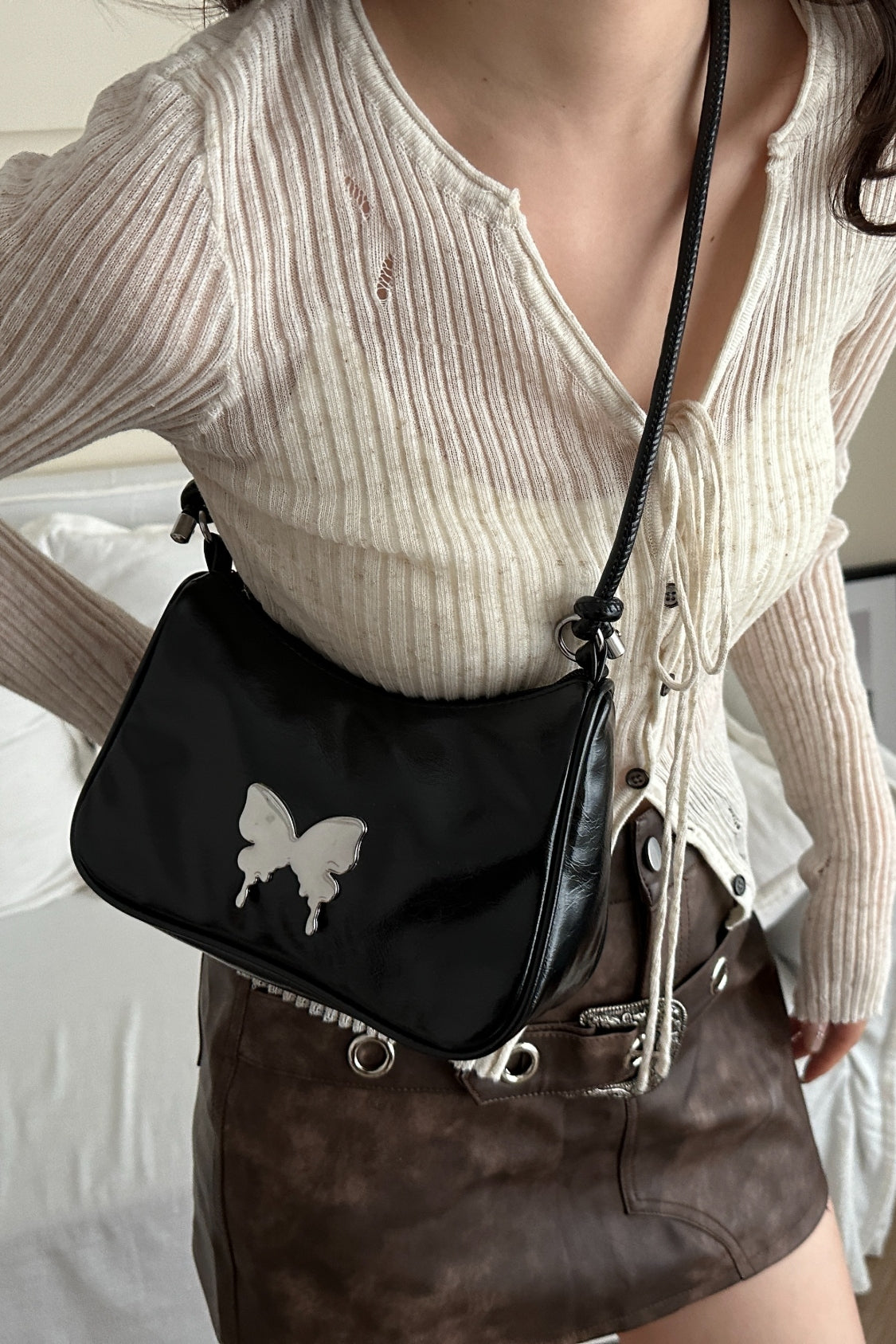 Butterfly PU Leather Knotted Strap Shoulder Bag 