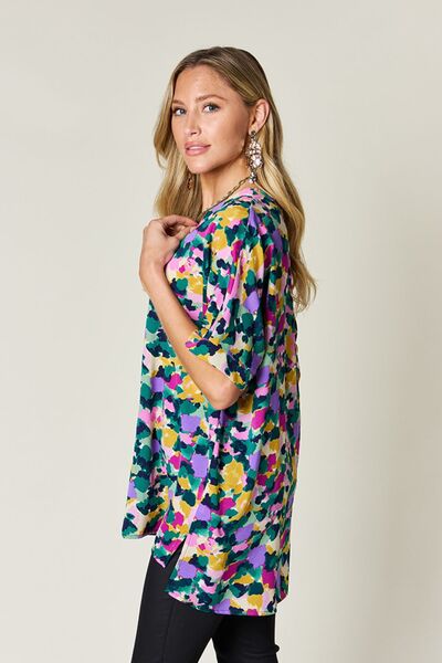 Double Take Full Size Printed V-Neck Short Sleeve Side Slit Top 