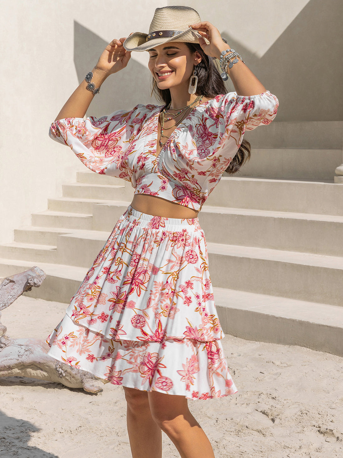 Printed Half Sleeve Top and Layered Skirt Set 