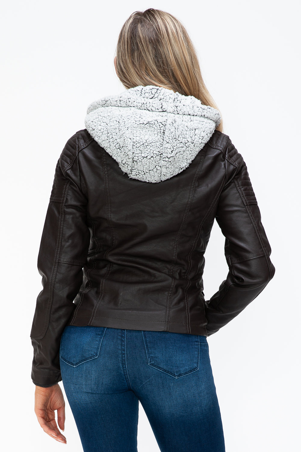 YMI Removable Faux Layered Multi-Pocket Jacket with Fuzzy Hood 