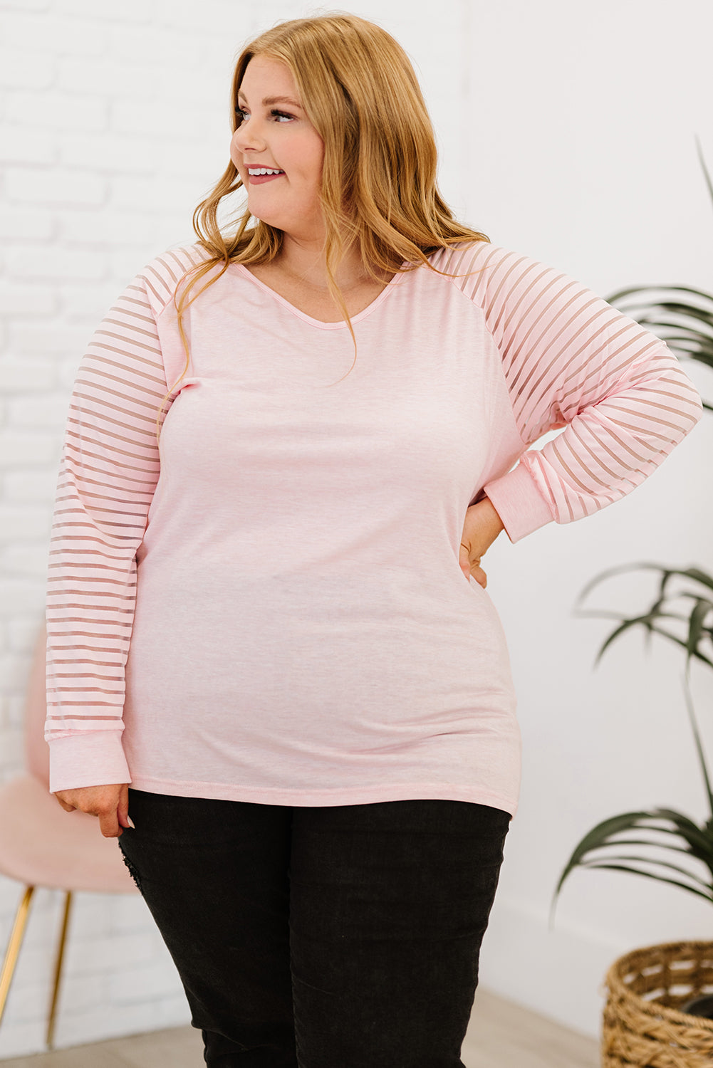 Plus Size Sheer Striped Sleeve V-Neck Top 
