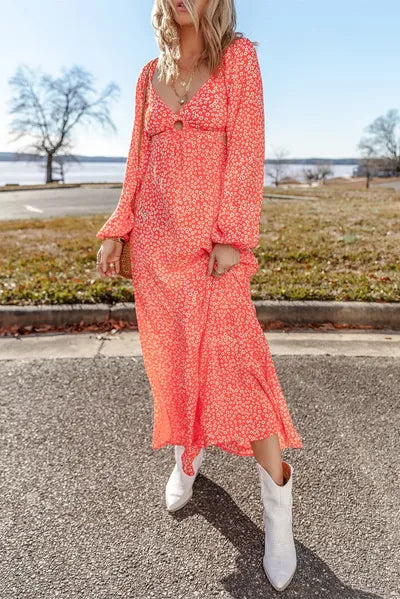 Printed V-Neck Long Sleeve Midi Dress Dresses