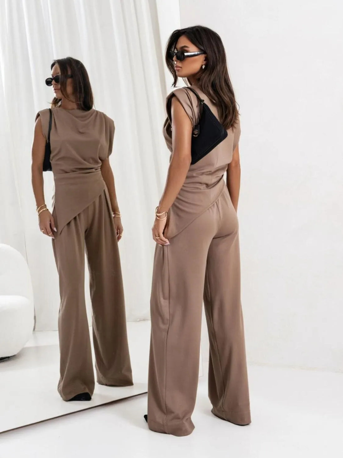 Slit Ruched Top and Wide Leg Pants Set 