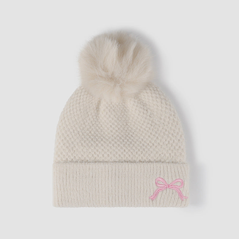 Thermal Bow Knit Hat with Pompom 