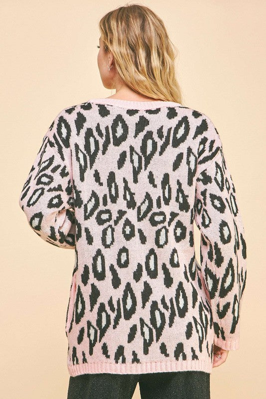 Davi & Dani Leopard Ribbon Tie Front Loose Fit Cardigan 