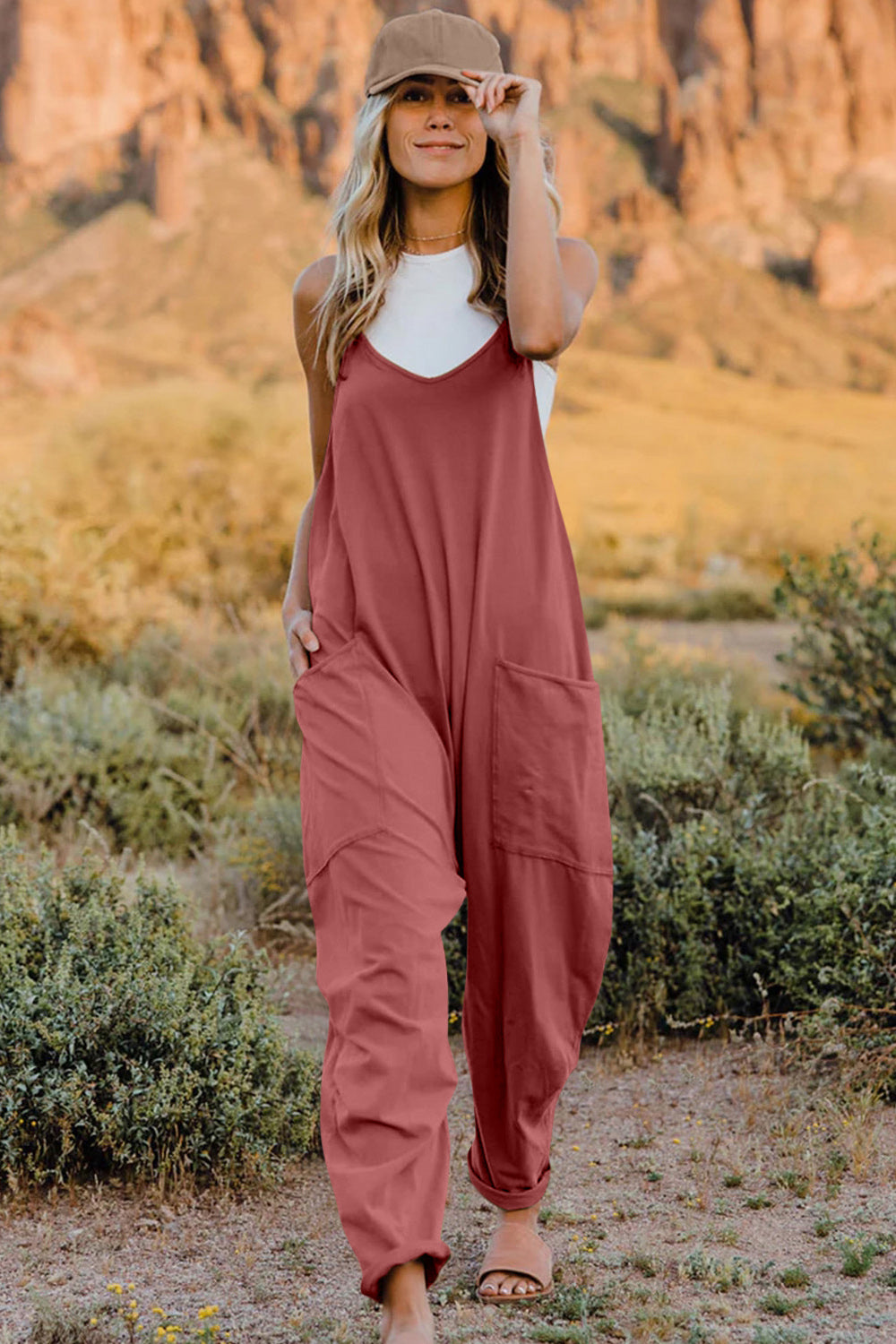 Double Take Full Size V-Neck Sleeveless Jumpsuit with Pockets 