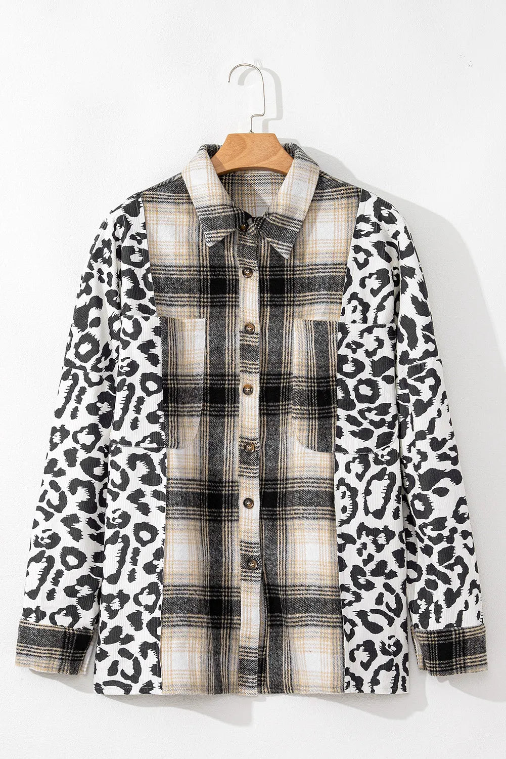 Plus Size Leopard Plaid Button Up Long Sleeve Shacket 