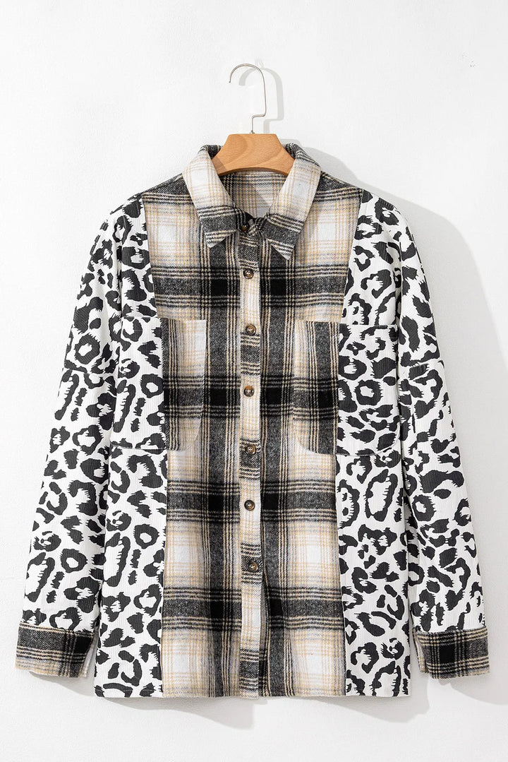 Plus Size Leopard Plaid Button Up Long Sleeve Shacket 