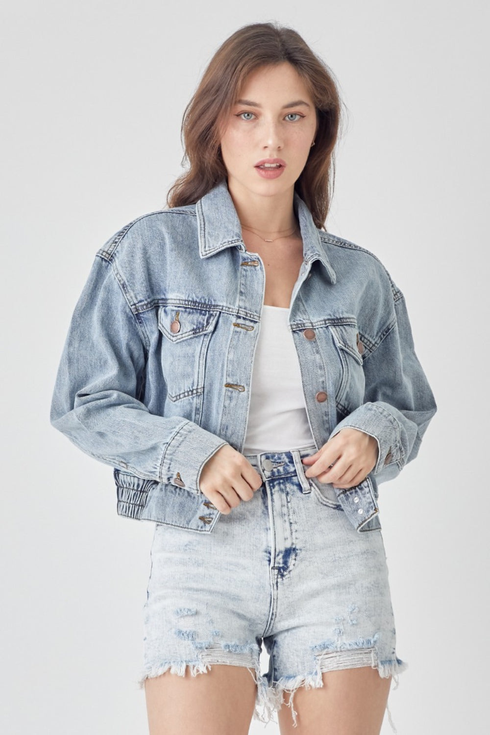 RISEN Full Size Button Down Cropped Denim Jacket 