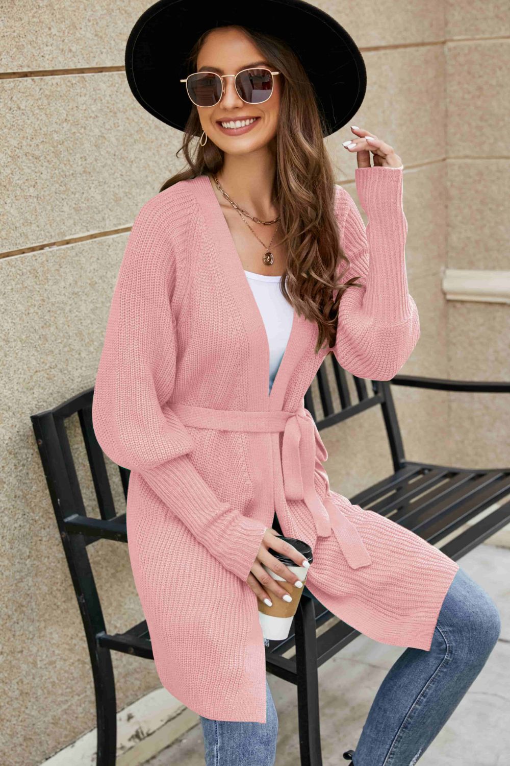 Open Front Lantern Sleeve Cardigan 