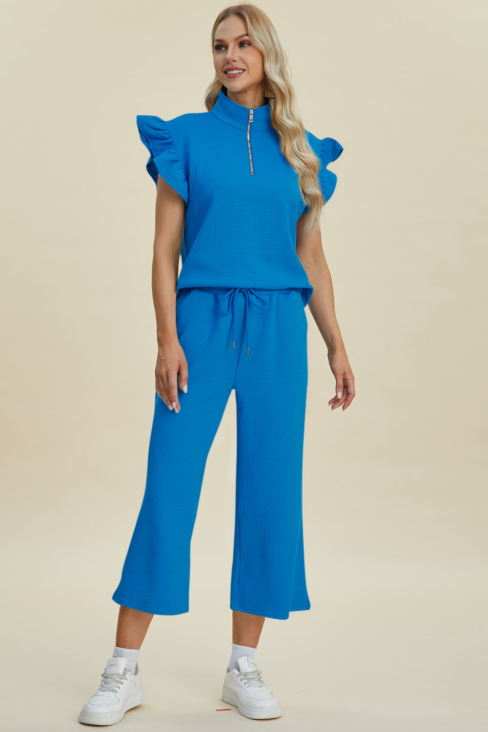 Double Take Full Size Texture Ruffle Short Sleeve Top and Wide Leg Pants Set 
