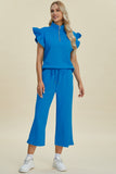 Double Take Full Size Texture Ruffle Short Sleeve Top and Wide Leg Pants Set 