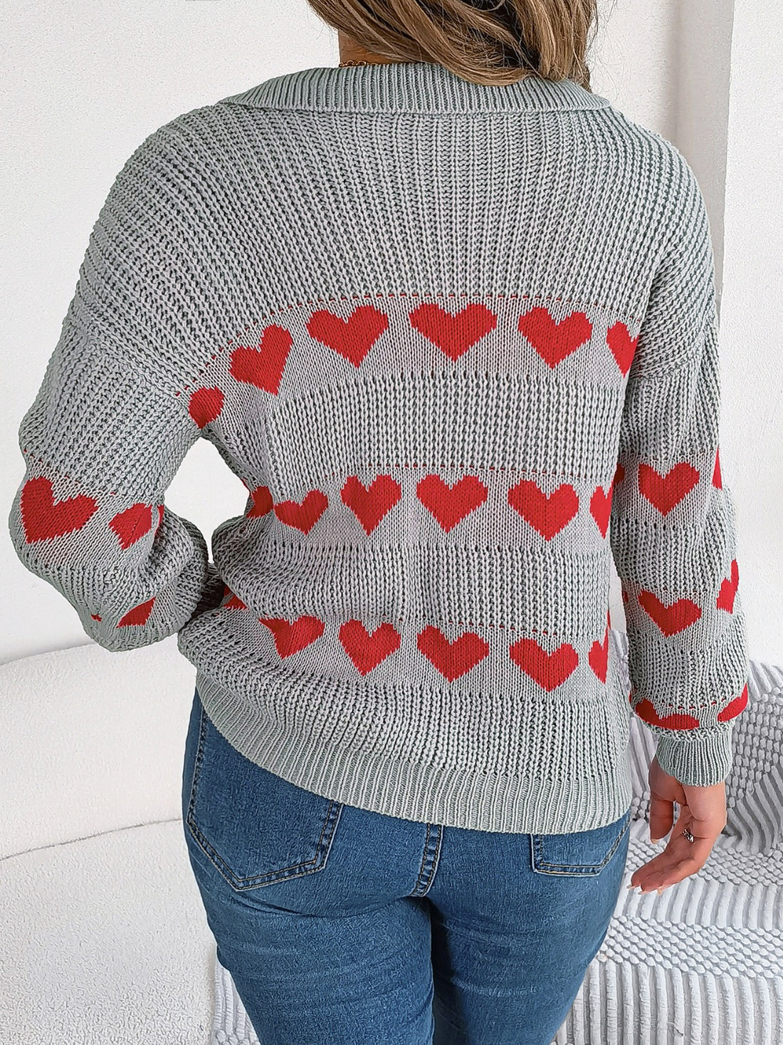 Heart Johnny Collar Long Sleeve Sweater 